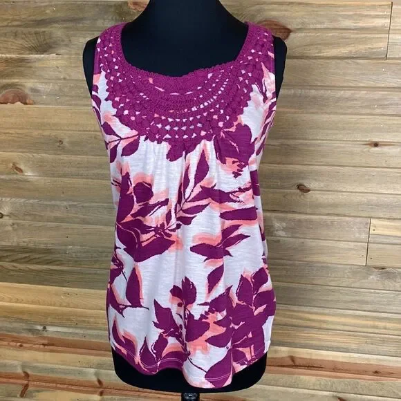 Sonoma Pink Floral Tank Crocheted Top Size Medium 0426 - Picture 2 of 6